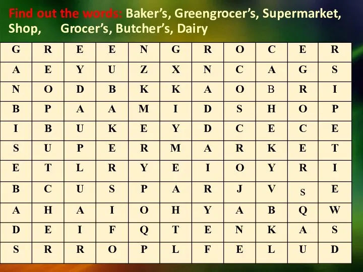 Find out the words: Baker’s, Greengrocer’s, Supermarket, Shop, Grocer’s, Butcher’s, Dairy