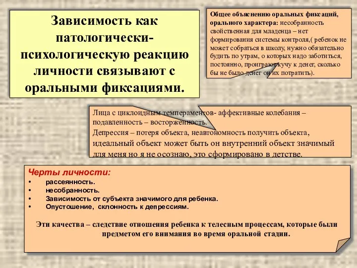 Зависимость как патологически- психологическую реакцию личности связывают с оральными фиксациями. Общее объяснению