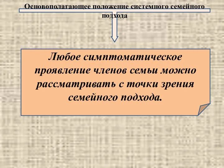 Основополагающее положение системного семейного подхода Любое симптоматическое проявление членов семьи можно рассматривать