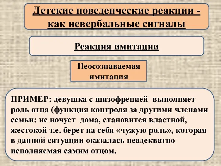 Детские поведенческие реакции - как невербальные сигналы Реакция имитации Неосознаваемая имитация ПРИМЕР: