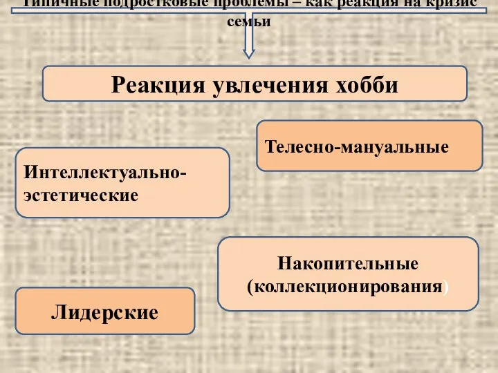 Типичные подростковые проблемы – как реакция на кризис семьи Интеллектуально- эстетические Лидерские