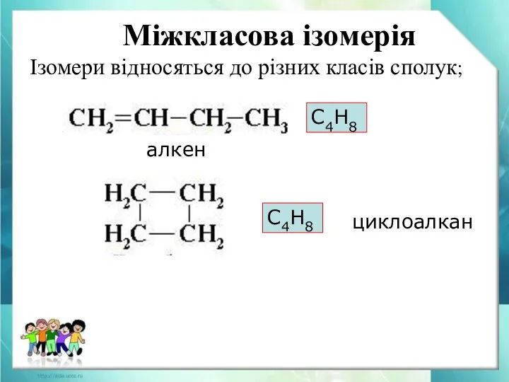 Міжкласова ізомерія Ізомери відносяться до різних класів сполук; С4Н8 С4Н8 алкен циклоалкан