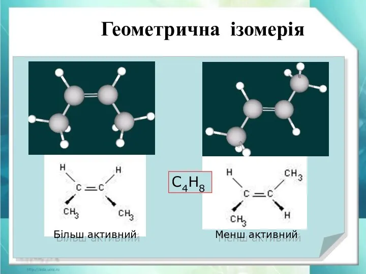 Геометрична ізомерія Явление существования изомеров, одинаковых по составу и молекулярной массе, но