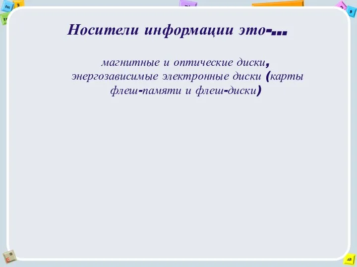 Носители информации это-… магнитные и оптические диски, энергозависимые электронные диски (карты флеш-памяти и флеш-диски)