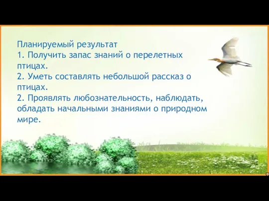 Планируемый результат 1. Получить запас знаний о перелетных птицах. 2. Уметь составлять