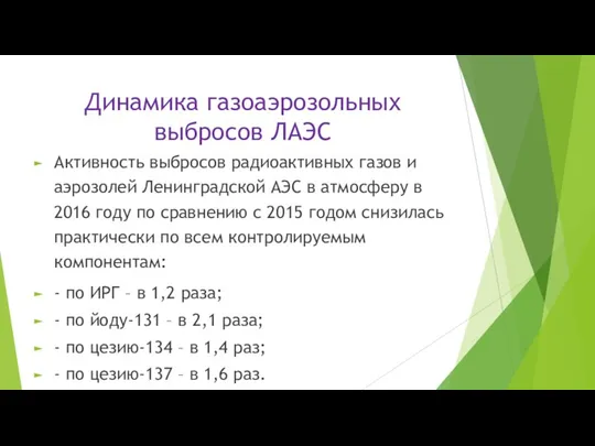 Динамика газоаэрозольных выбросов ЛАЭС Активность выбросов радиоактивных газов и аэрозолей Ленинградской АЭС