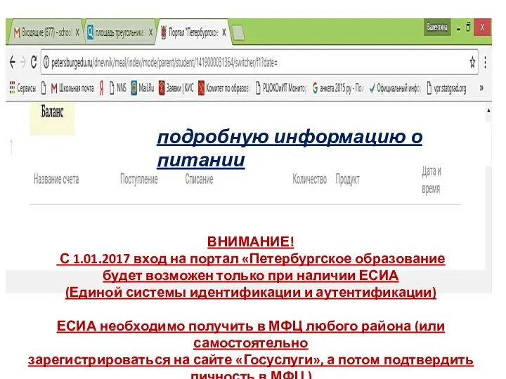 подробную информацию о питании ВНИМАНИЕ! С 1.01.2017 вход на портал «Петербургское образование