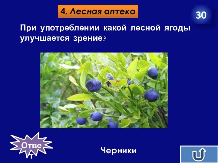 4. Лесная аптека 30 При употреблении какой лесной ягоды улучшается зрение? Черники