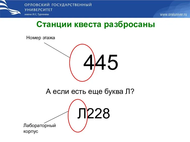 Станции квеста разбросаны 445 Номер этажа А если есть еще буква Л? Л228 Лабораторный корпус