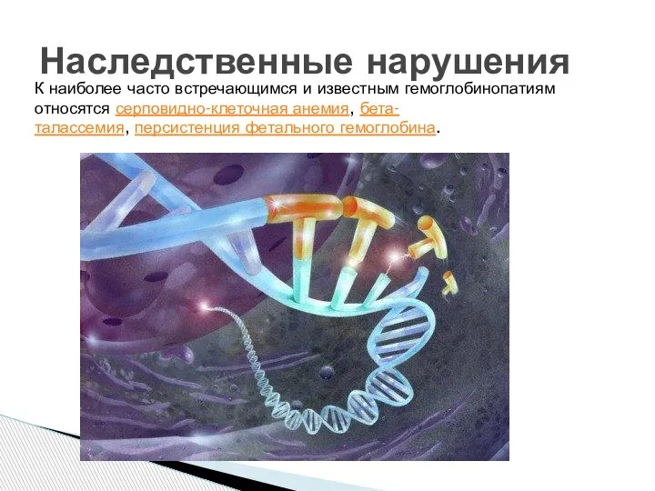 Наследственные нарушения К наиболее часто встречающимся и известным гемоглобинопатиям относятся серповидно-клеточная анемия, бета-талассемия, персистенция фетального гемоглобина.