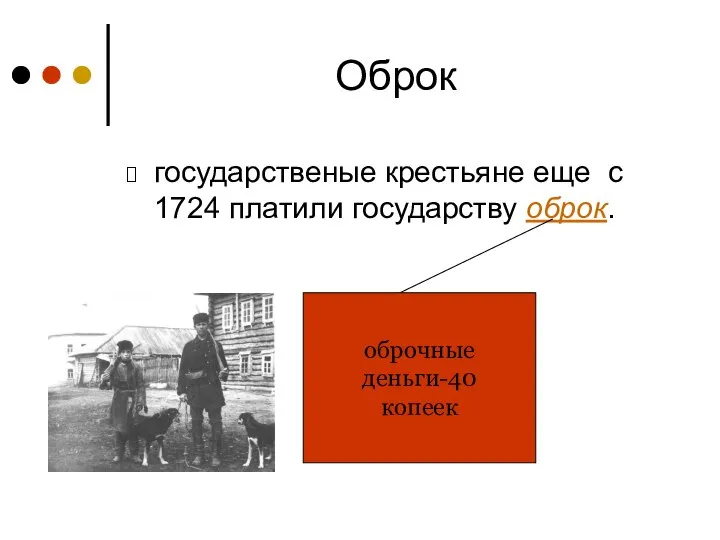 Оброк государственые крестьяне еще с 1724 платили государству оброк. оброчные деньги-40 копеек