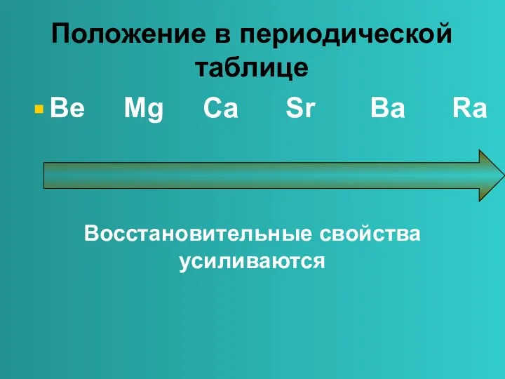 Положение в периодической таблице Be Mg Ca Sr Ba Ra Восстановительные свойства усиливаются