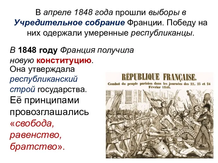 В апреле 1848 года прошли выборы в Учредительное собрание Франции. Победу на