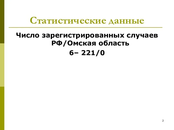 Статистические данные Число зарегистрированных случаев РФ/Омская область 6– 221/0