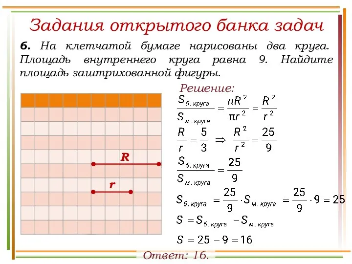 Задания открытого банка задач 6. На клетчатой бумаге нарисованы два круга. Площадь