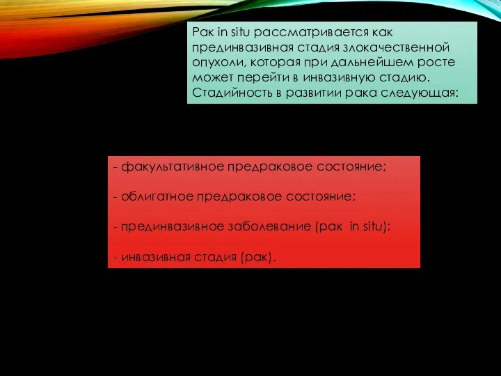 Рак in situ рассматривается как прединвазивная стадия злокачественной опухоли, которая при дальнейшем