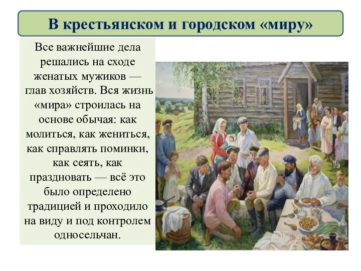 Все важнейшие дела решались на сходе женатых мужиков — глав хозяйств. Вся