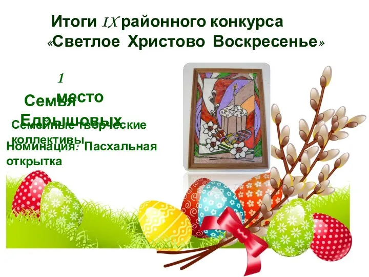 Итоги IX районного конкурса «Светлое Христово Воскресенье» 1 место Семья Едрышовых Номинация: