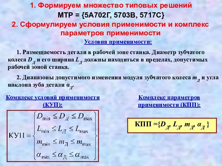 1. Формируем множество типовых решений 2. Сформулируем условия применимости и комплекс параметров