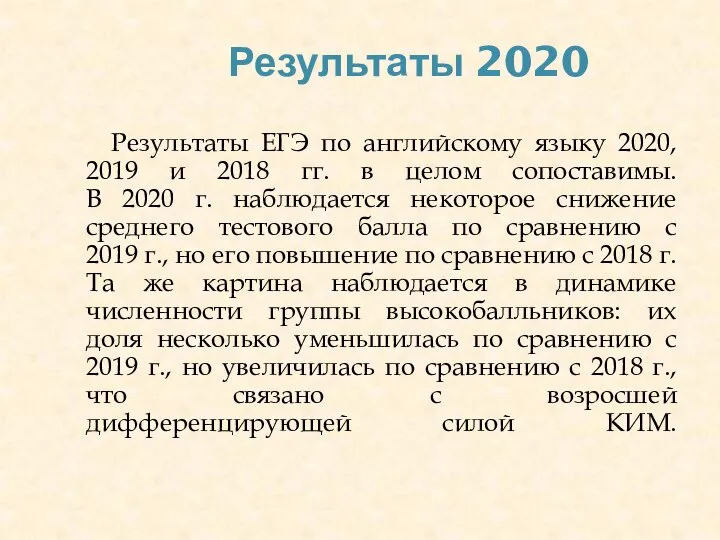 Результаты 2020 Результаты ЕГЭ по английскому языку 2020, 2019 и 2018 гг.