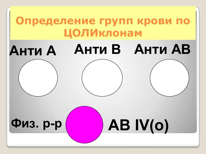 Определение групп крови по ЦОЛИклонам Анти А Анти В АВ IV(о) Анти АВ Физ. р-р