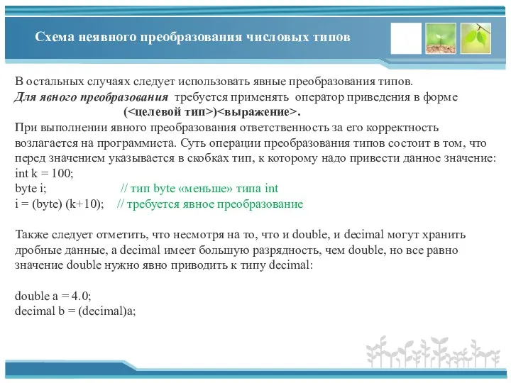 Схема неявного преобразования числовых типов В остальных случаях следует использовать явные преобразования