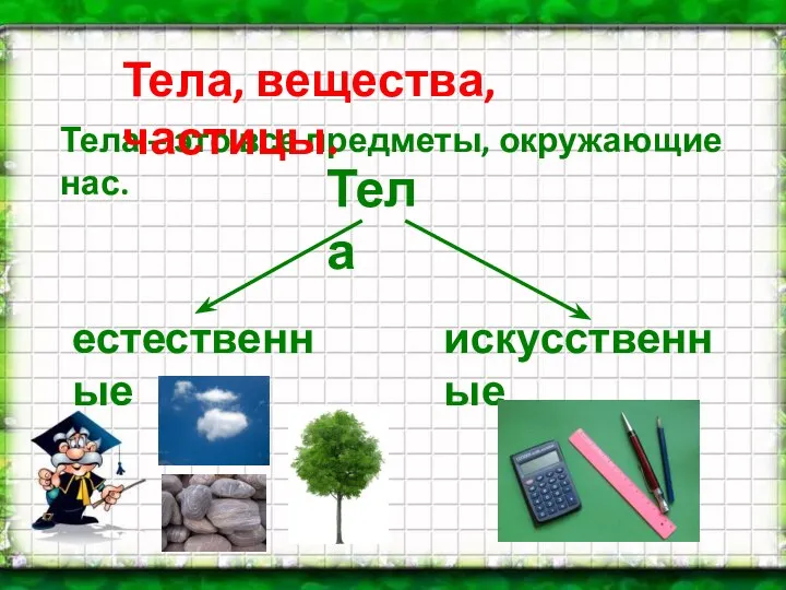 Тела – это все предметы, окружающие нас. Тела естественные искусственные Тела, вещества, частицы.