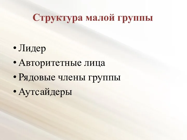 Структура малой группы Лидер Авторитетные лица Рядовые члены группы Аутсайдеры