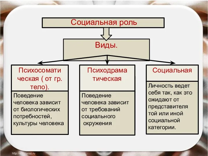 Социальная роль Виды. Психосомати ческая ( от гр. тело). Психодрама тическая Социальная