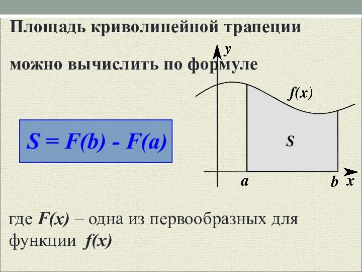 где F(x) – одна из первообразных для функции f(x) Площадь криволинейной трапеции можно вычислить по формуле