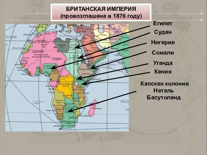 Египет Судан Нигерия Сомали Уганда Кения Капская колония Наталь Басутоленд БРИТАНСКАЯ ИМПЕРИЯ (провозглашена в 1876 году)