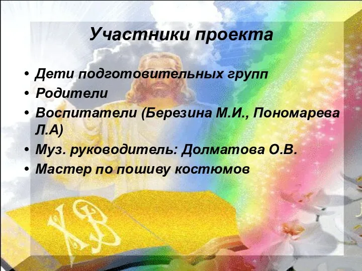 Участники проекта Дети подготовительных групп Родители Воспитатели (Березина М.И., Пономарева Л.А) Муз.
