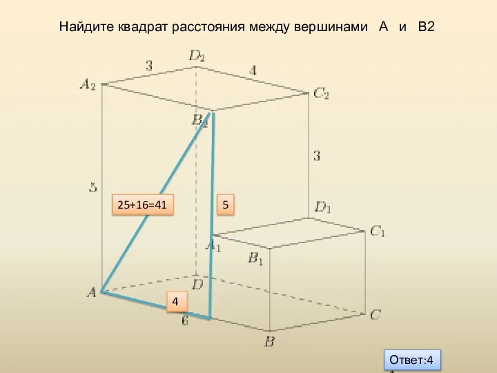 Найдите квадрат расстояния между вершинами A и B2 5 4 25+16=41 Ответ:41