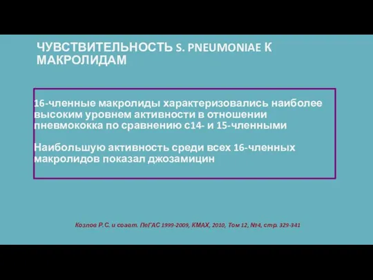 ЧУВСТВИТЕЛЬНОСТЬ S. PNEUMONIAE К МАКРОЛИДАМ 16-членные макролиды характеризовались наиболее высоким уровнем активности