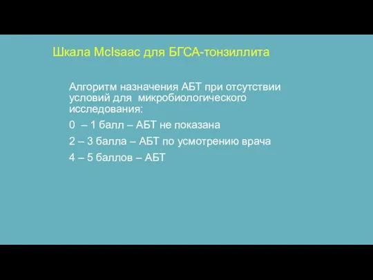 Шкала McIsaac для БГСА-тонзиллита Алгоритм назначения АБТ при отсутствии условий для микробиологического