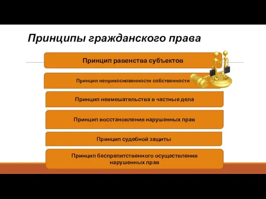 Принципы гражданского права Принцип равенства субъектов Принцип неприкосновенности собственности Принцип невмешательства в