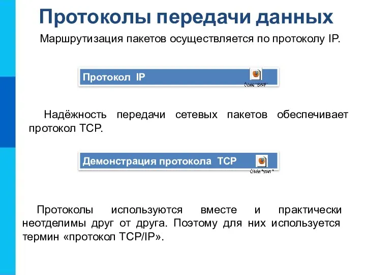 Протоколы передачи данных Протокол IP Демонстрация протокола TCP Маршрутизация пакетов осуществляется по