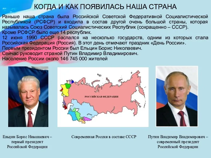 КОГДА И КАК ПОЯВИЛАСЬ НАША СТРАНА Раньше наша страна была Российской Советской