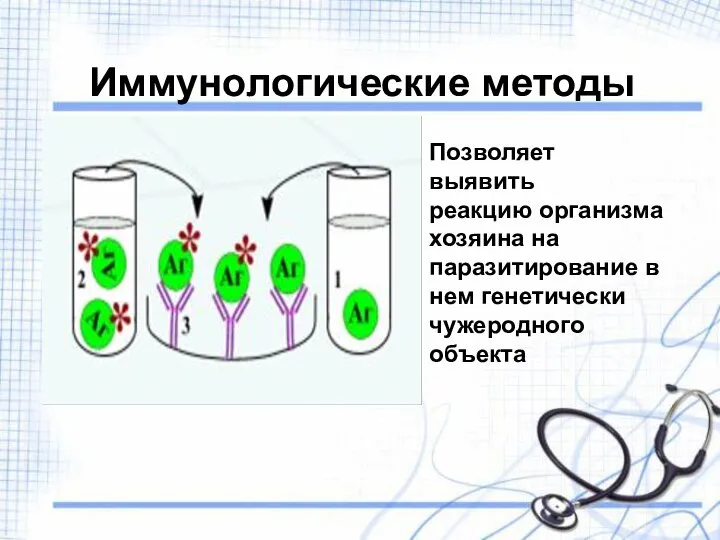 Иммунологические методы Позволяет выявить реакцию организма хозяина на паразитирование в нем генетически чужеродного объекта