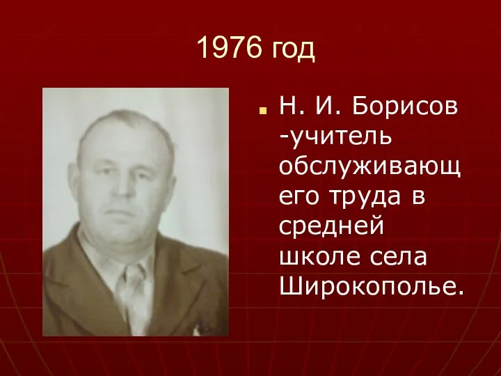 1976 год Н. И. Борисов -учитель обслуживающего труда в средней школе села Широкополье.