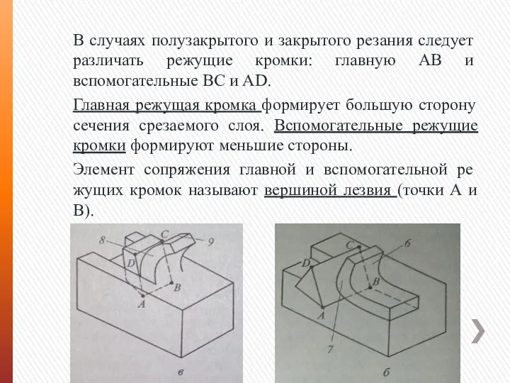 В случаях полуза­крытого и закрытого резания следует разли­чать режущие кромки: главную АВ