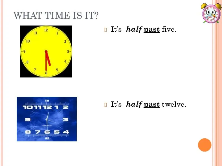 WHAT TIME IS IT? It’s half past five. It’s half past twelve.