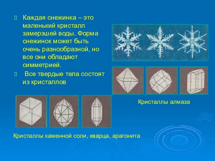 Каждая снежинка – это маленький кристалл замерзшей воды. Форма снежинок может быть