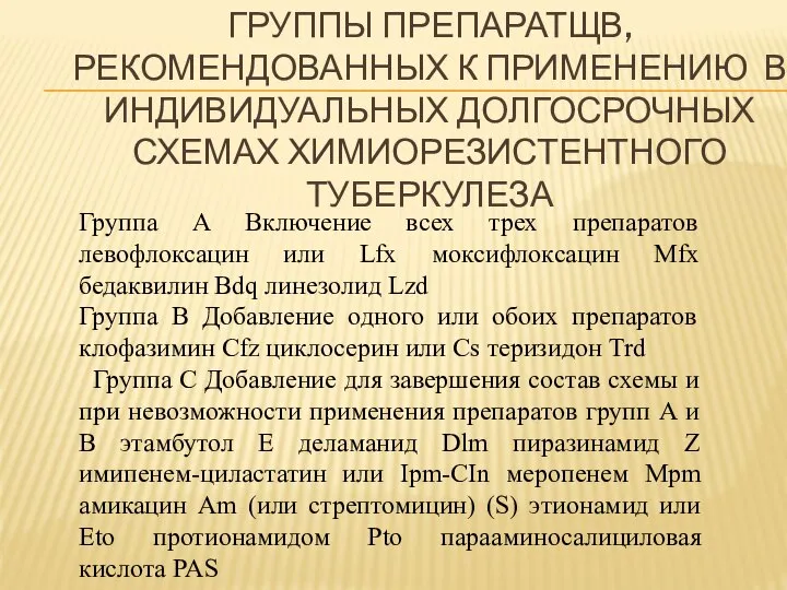 ГРУППЫ ПРЕПАРАТЩВ, РЕКОМЕНДОВАННЫХ К ПРИМЕНЕНИЮ В ИНДИВИДУАЛЬНЫХ ДОЛГОСРОЧНЫХ СХЕМАХ ХИМИОРЕЗИСТЕНТНОГО ТУБЕРКУЛЕЗА Группа