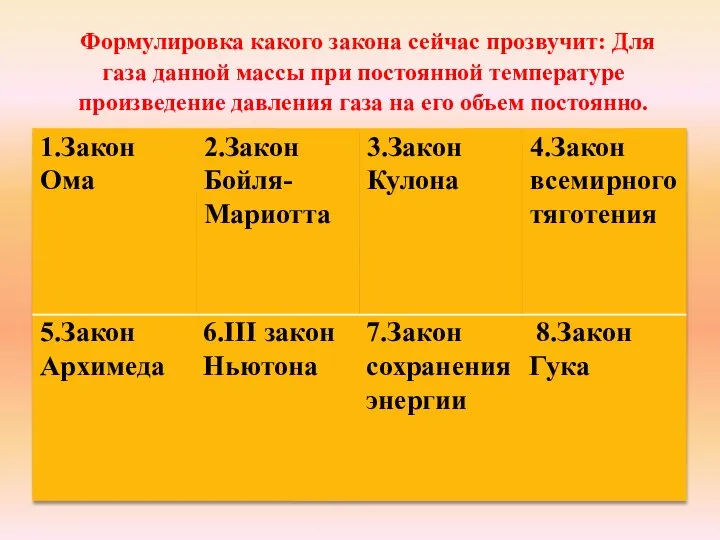 Формулировка какого закона сейчас прозвучит: Для газа данной массы при постоянной температуре