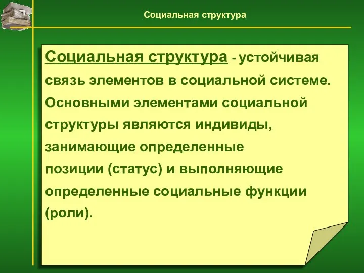 Социальная структура - устойчивая связь элементов в социальной системе. Основными элементами социальной