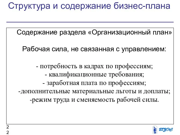 Структура и содержание бизнес-плана Содержание раздела «Организационный план» Рабочая сила, не связанная