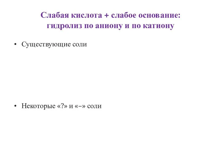 Слабая кислота + слабое основание: гидролиз по аниону и по катиону Существующие