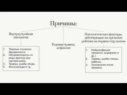 Родовая травма, асфиксия Внутриутробная патология Тяжелые токсикозы беременности. Несовместимость по резус-фактору или