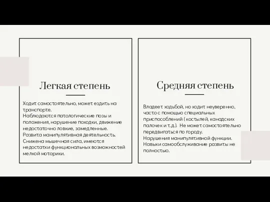 Ходит самостоятельно, может ездить на транспорте. Наблюдаются патологические позы и положения, нарушение